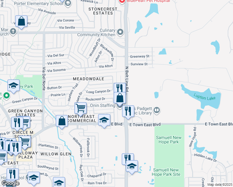 map of restaurants, bars, coffee shops, grocery stores, and more near North Belt Line Road in Mesquite