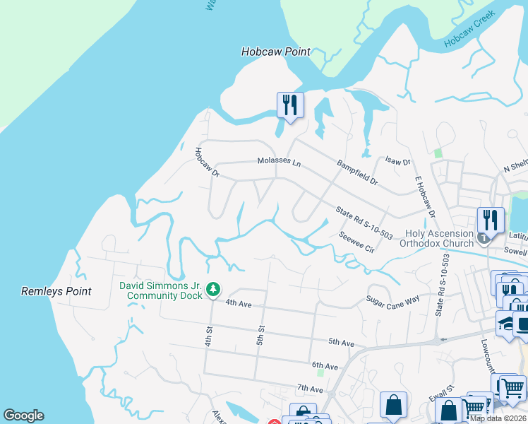 map of restaurants, bars, coffee shops, grocery stores, and more near 281 Copahee Road in Mount Pleasant