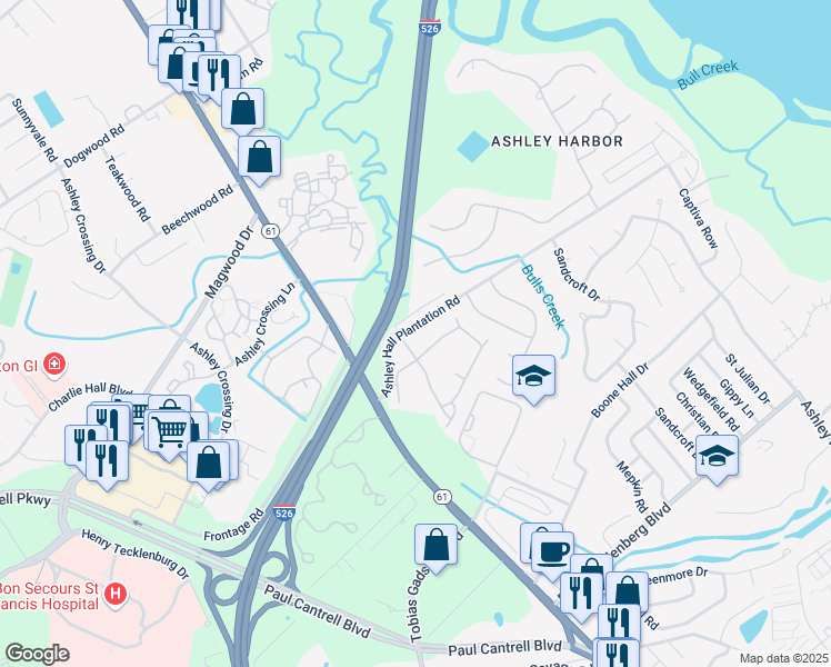 map of restaurants, bars, coffee shops, grocery stores, and more near 82 Ashley Hall Plantation Road in Charleston