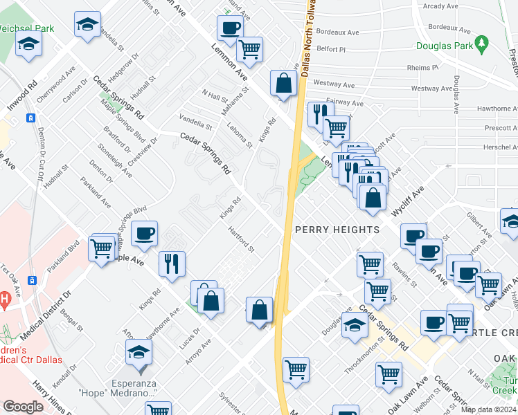 map of restaurants, bars, coffee shops, grocery stores, and more near 4533 Cedar Springs Road in Dallas
