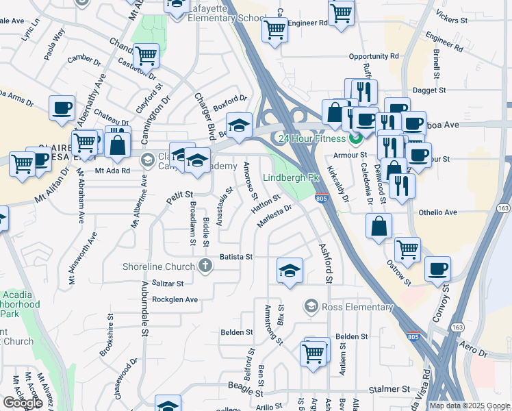 map of restaurants, bars, coffee shops, grocery stores, and more near 4010 Hatton Street in San Diego