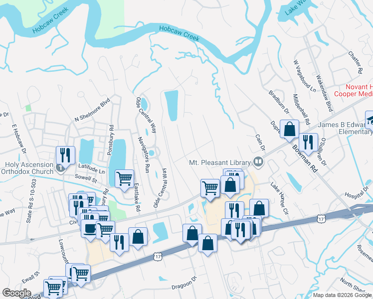 map of restaurants, bars, coffee shops, grocery stores, and more near 697 York Street in Mount Pleasant