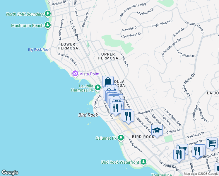 map of restaurants, bars, coffee shops, grocery stores, and more near 5761 La Jolla Boulevard in San Diego