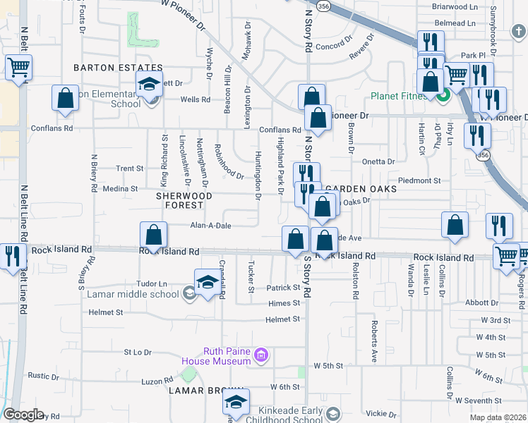 map of restaurants, bars, coffee shops, grocery stores, and more near 2603 Alan-A-Dale in Irving