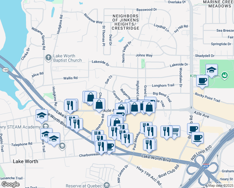 map of restaurants, bars, coffee shops, grocery stores, and more near 4240 Canyon Trail in Fort Worth