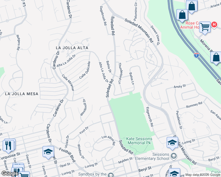 map of restaurants, bars, coffee shops, grocery stores, and more near 5435 Soledad Road in San Diego