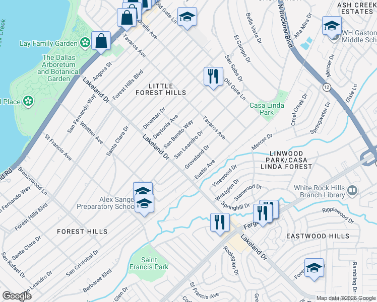 map of restaurants, bars, coffee shops, grocery stores, and more near 8634 Groveland Drive in Dallas