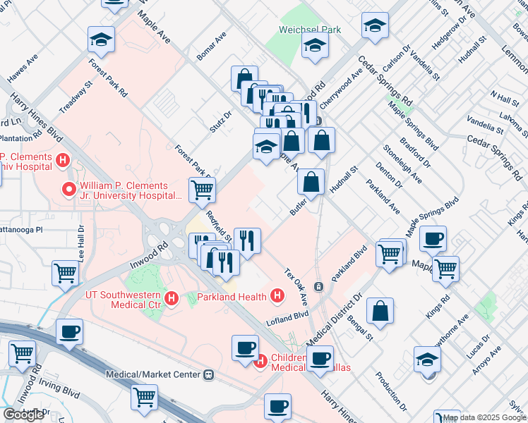 map of restaurants, bars, coffee shops, grocery stores, and more near 2311 Butler St in Dallas