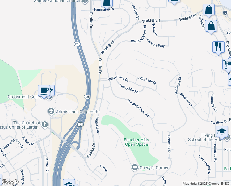 map of restaurants, bars, coffee shops, grocery stores, and more near 2311 Windmill View Road in El Cajon