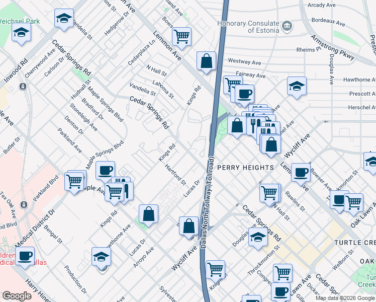 map of restaurants, bars, coffee shops, grocery stores, and more near 4600 Cedar Springs Road in Dallas