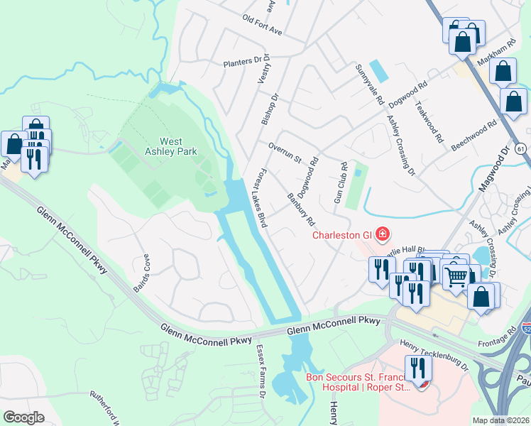 map of restaurants, bars, coffee shops, grocery stores, and more near 2200 Forest Lakes Boulevard in Charleston