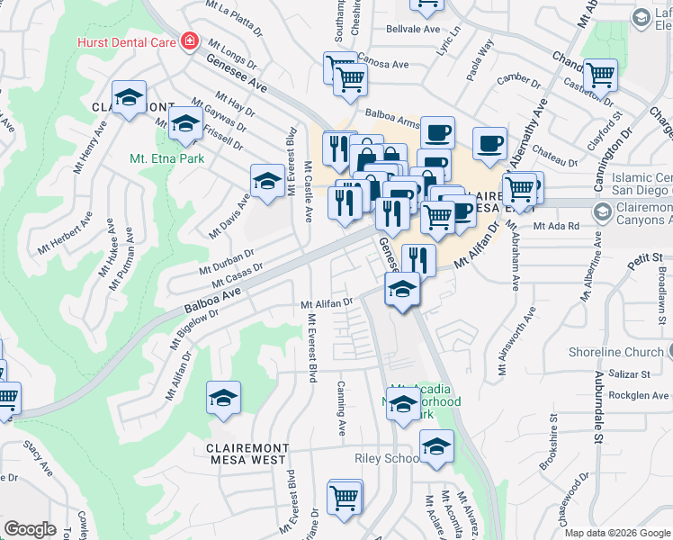 map of restaurants, bars, coffee shops, grocery stores, and more near 5220 Mount Alifan Drive in San Diego