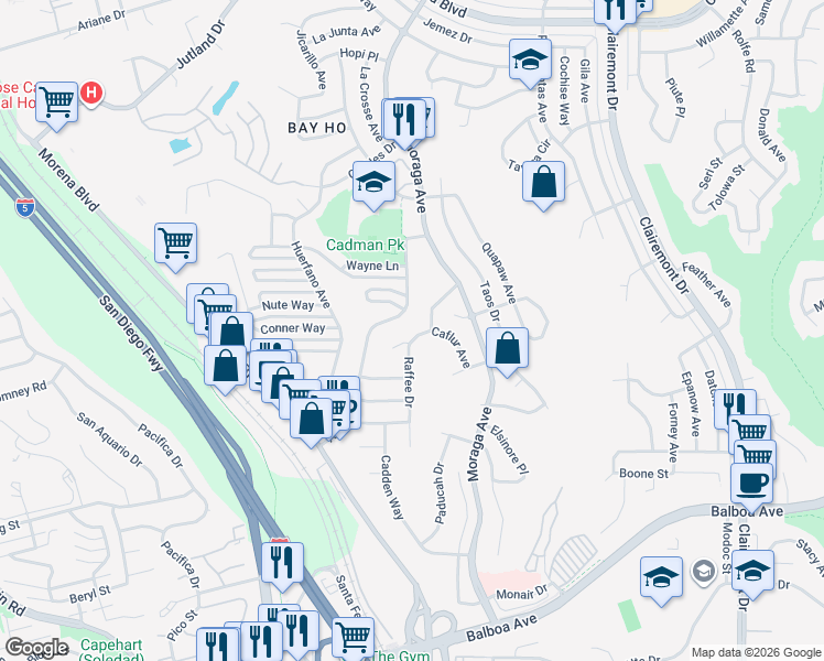 map of restaurants, bars, coffee shops, grocery stores, and more near 3251 Atari Court in San Diego