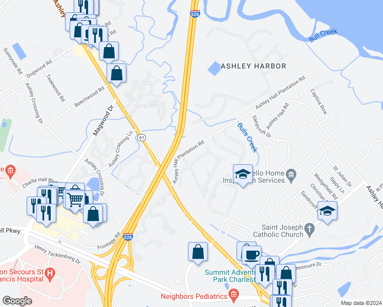 map of restaurants, bars, coffee shops, grocery stores, and more near 78 Ashley Hall Plantation Road in Charleston