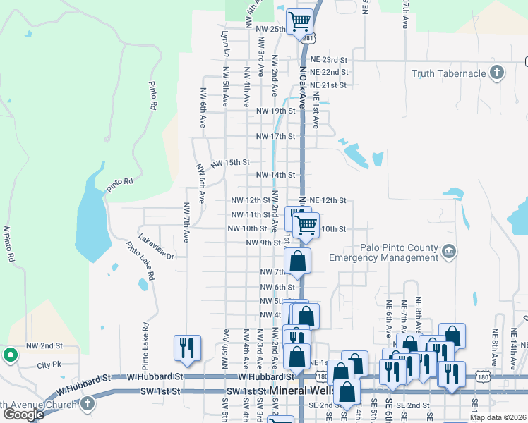 map of restaurants, bars, coffee shops, grocery stores, and more near 316 Northwest 10th Street in Mineral Wells