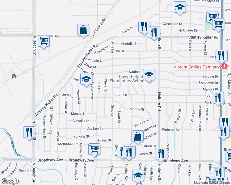 map of restaurants, bars, coffee shops, grocery stores, and more near 4800 Jerri Lane in Haltom City