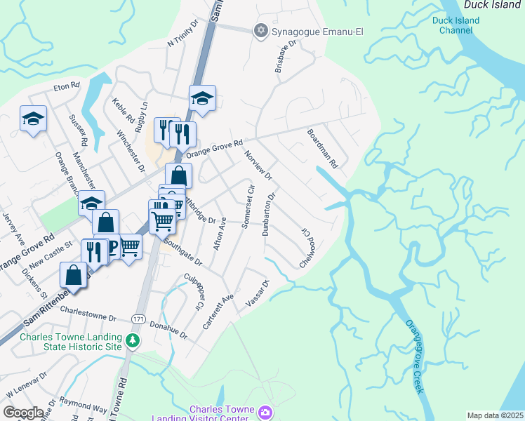map of restaurants, bars, coffee shops, grocery stores, and more near 1811 Dunbarton Drive in Charleston