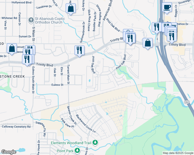 map of restaurants, bars, coffee shops, grocery stores, and more near 3704 Vaucluse Drive in Euless