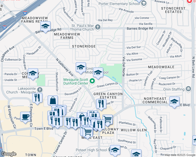 map of restaurants, bars, coffee shops, grocery stores, and more near 919 Green Canyon Drive in Mesquite