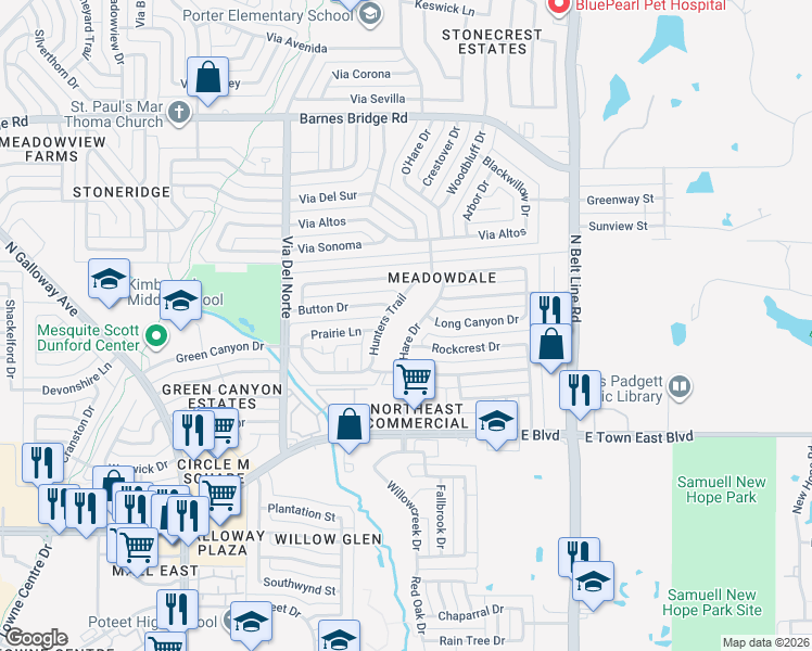 map of restaurants, bars, coffee shops, grocery stores, and more near 3833 O Hare Drive in Mesquite