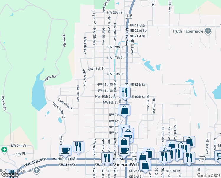 map of restaurants, bars, coffee shops, grocery stores, and more near 316 Northwest 10th Street in Mineral Wells