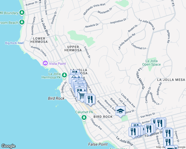 map of restaurants, bars, coffee shops, grocery stores, and more near 5762 Bellevue Avenue in San Diego