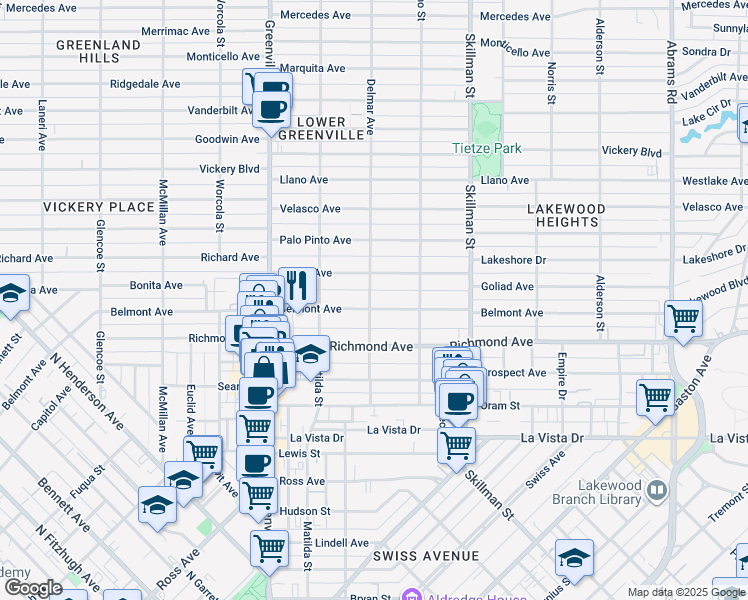 map of restaurants, bars, coffee shops, grocery stores, and more near 5901 Belmont Avenue in Dallas
