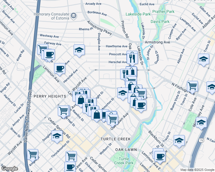 map of restaurants, bars, coffee shops, grocery stores, and more near 4121 Avondale Avenue in Dallas