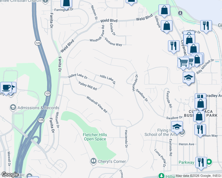 map of restaurants, bars, coffee shops, grocery stores, and more near 1493 Lakeridge Lane in El Cajon