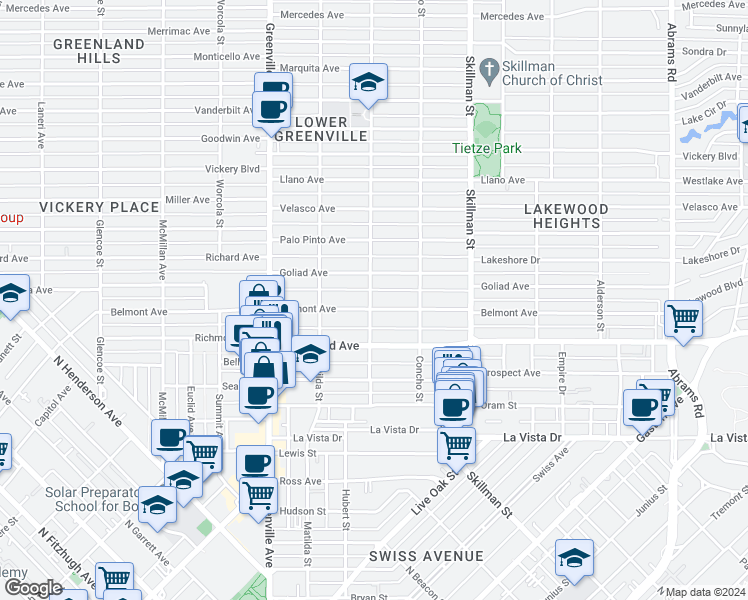 map of restaurants, bars, coffee shops, grocery stores, and more near 5916 Belmont Avenue in Dallas