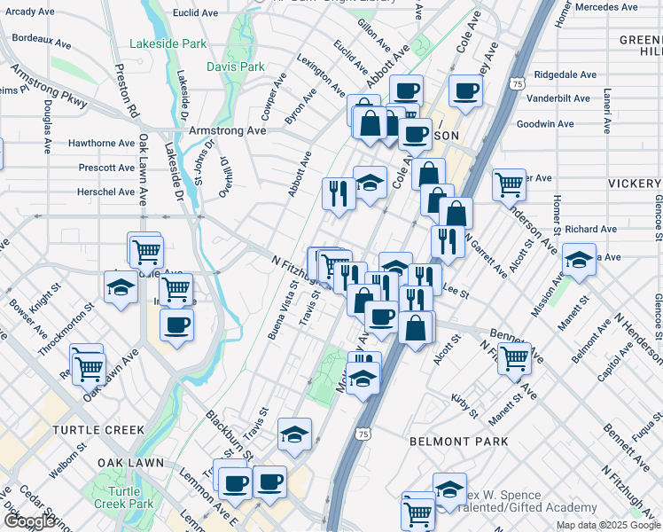 map of restaurants, bars, coffee shops, grocery stores, and more near 3247 North Fitzhugh Avenue in Dallas