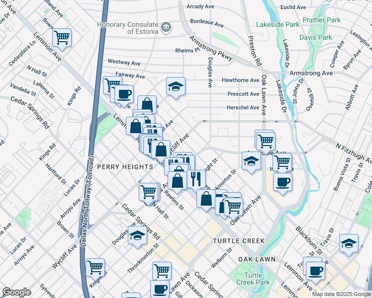 map of restaurants, bars, coffee shops, grocery stores, and more near 3624 Douglas Avenue in Dallas