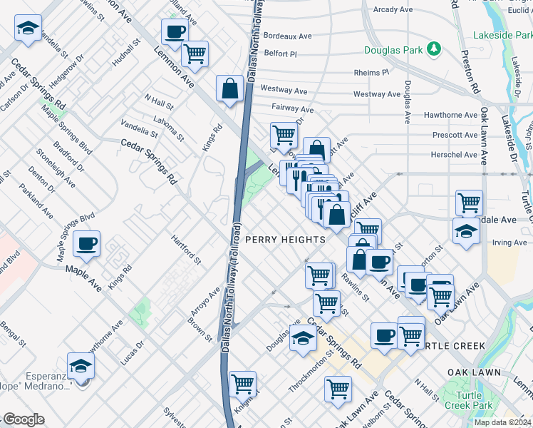 map of restaurants, bars, coffee shops, grocery stores, and more near 4439 North Hall Street in Dallas