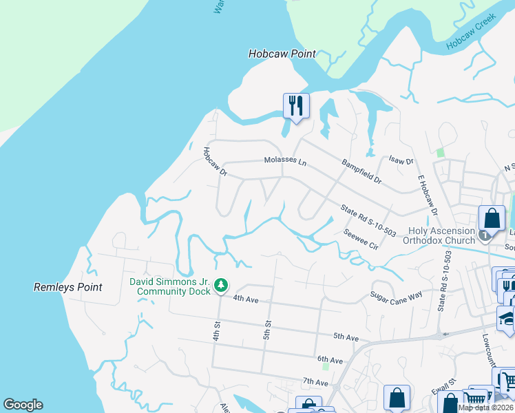 map of restaurants, bars, coffee shops, grocery stores, and more near 281 Copahee Road in Mount Pleasant