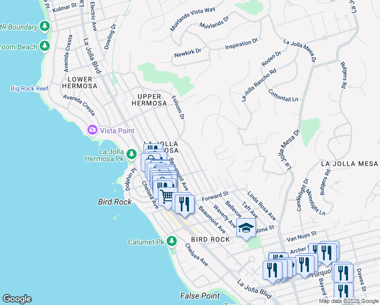 map of restaurants, bars, coffee shops, grocery stores, and more near 5762 Bellevue Avenue in San Diego