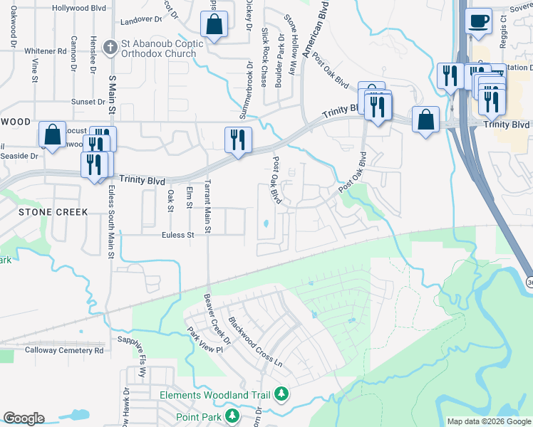 map of restaurants, bars, coffee shops, grocery stores, and more near 3704 Vaucluse Drive in Euless