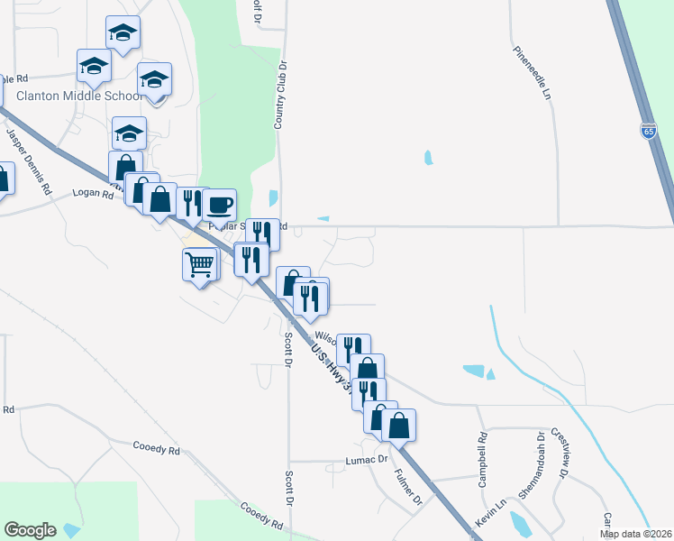 map of restaurants, bars, coffee shops, grocery stores, and more near 11 Spring Court in Clanton