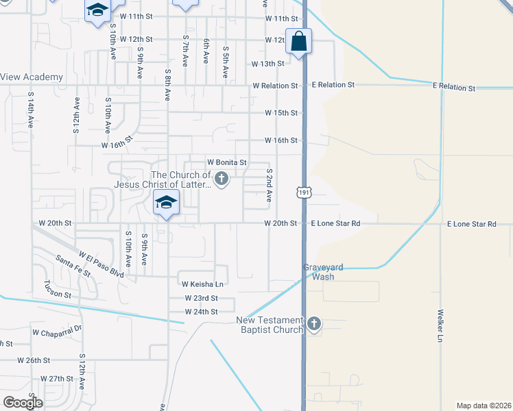 map of restaurants, bars, coffee shops, grocery stores, and more near 260 West 20th Street in Safford