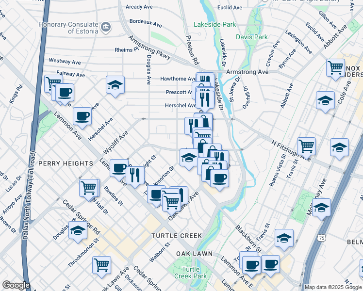 map of restaurants, bars, coffee shops, grocery stores, and more near 4215 Avondale Avenue in Dallas