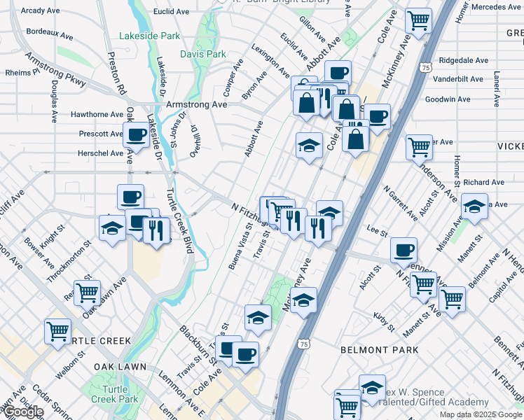map of restaurants, bars, coffee shops, grocery stores, and more near 3502 Springbrook Street in Dallas