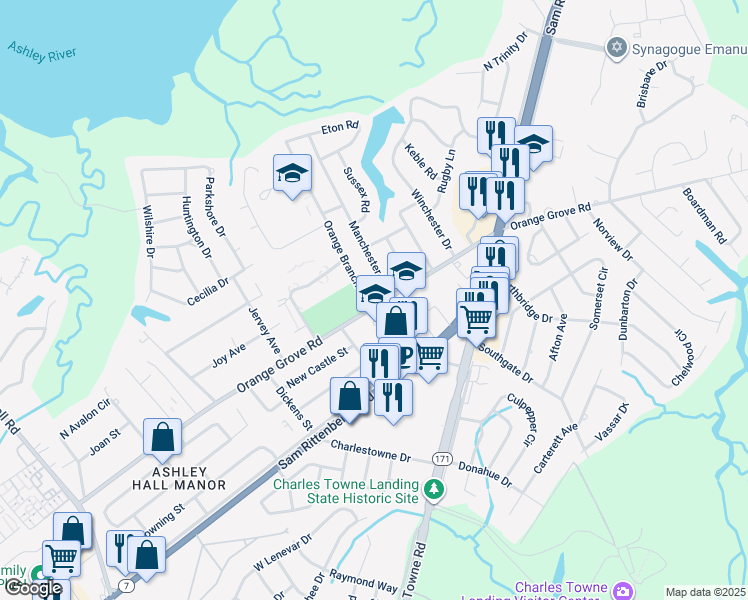 map of restaurants, bars, coffee shops, grocery stores, and more near 1212 Orange Branch Road in Charleston