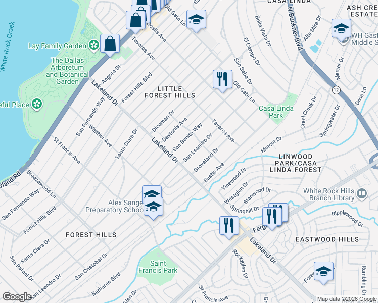 map of restaurants, bars, coffee shops, grocery stores, and more near 8634 San Benito Way in Dallas