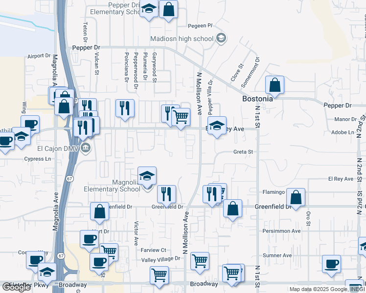 map of restaurants, bars, coffee shops, grocery stores, and more near 745 East Bradley Avenue in El Cajon