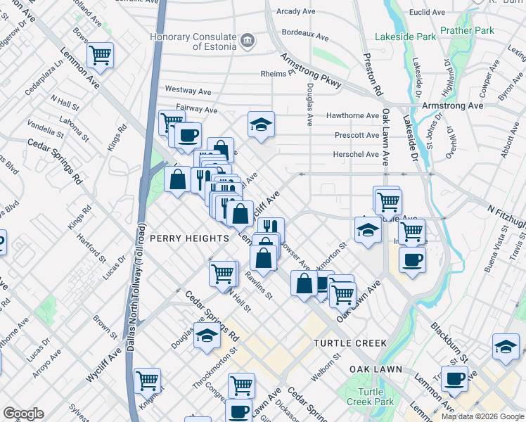 map of restaurants, bars, coffee shops, grocery stores, and more near 5 Holland Avenue in Dallas