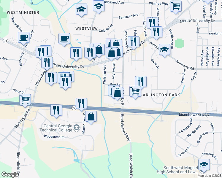 map of restaurants, bars, coffee shops, grocery stores, and more near 1870 Bethlea Avenue in Macon
