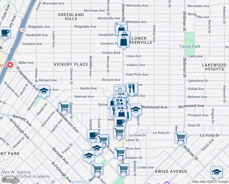 map of restaurants, bars, coffee shops, grocery stores, and more near 5634 Richard Avenue in Dallas