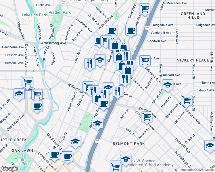 map of restaurants, bars, coffee shops, grocery stores, and more near 4307 McKinney Avenue in Dallas