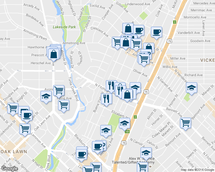 map of restaurants, bars, coffee shops, grocery stores, and more near 3502 Springbrook Street in Dallas