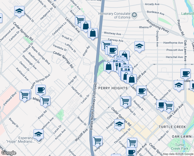 map of restaurants, bars, coffee shops, grocery stores, and more near Hawthorne Drive in Carrollton