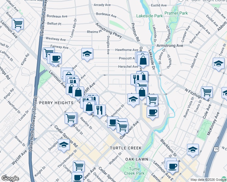 map of restaurants, bars, coffee shops, grocery stores, and more near 4107 Avondale Avenue in Dallas